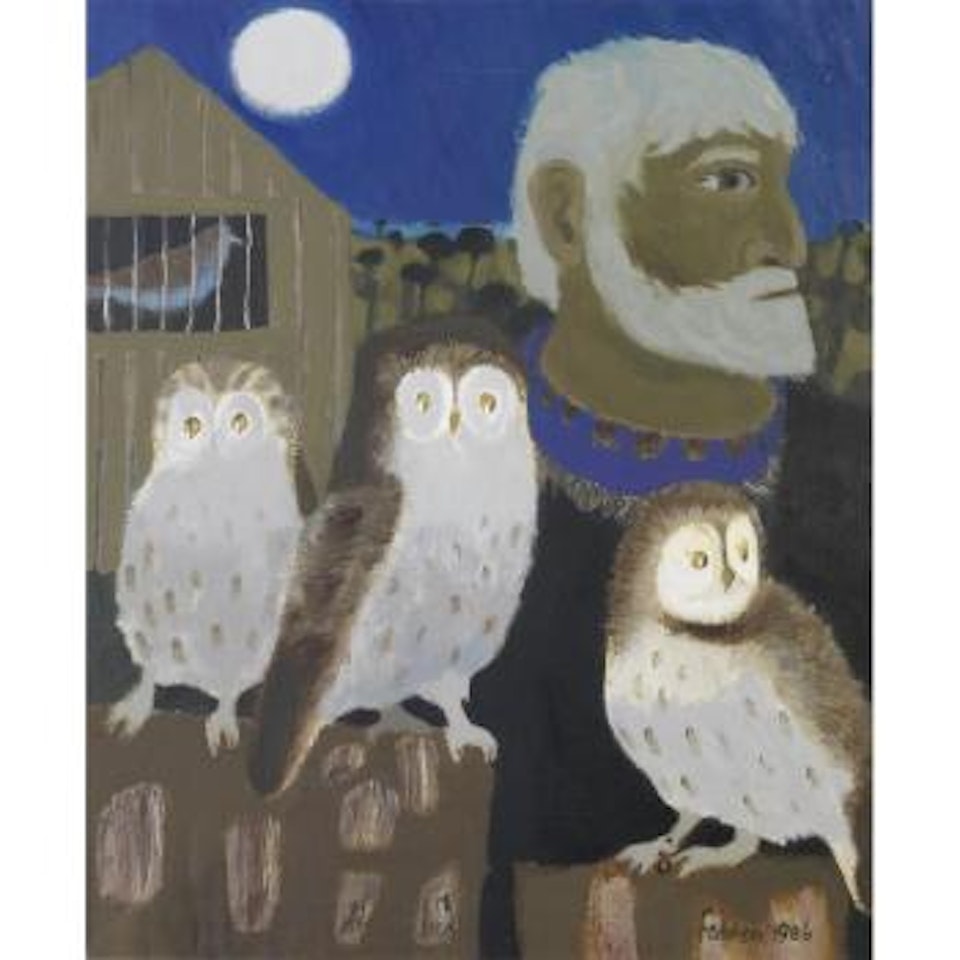Portrait of Julian Trevelyan and three owls by Mary Fedden