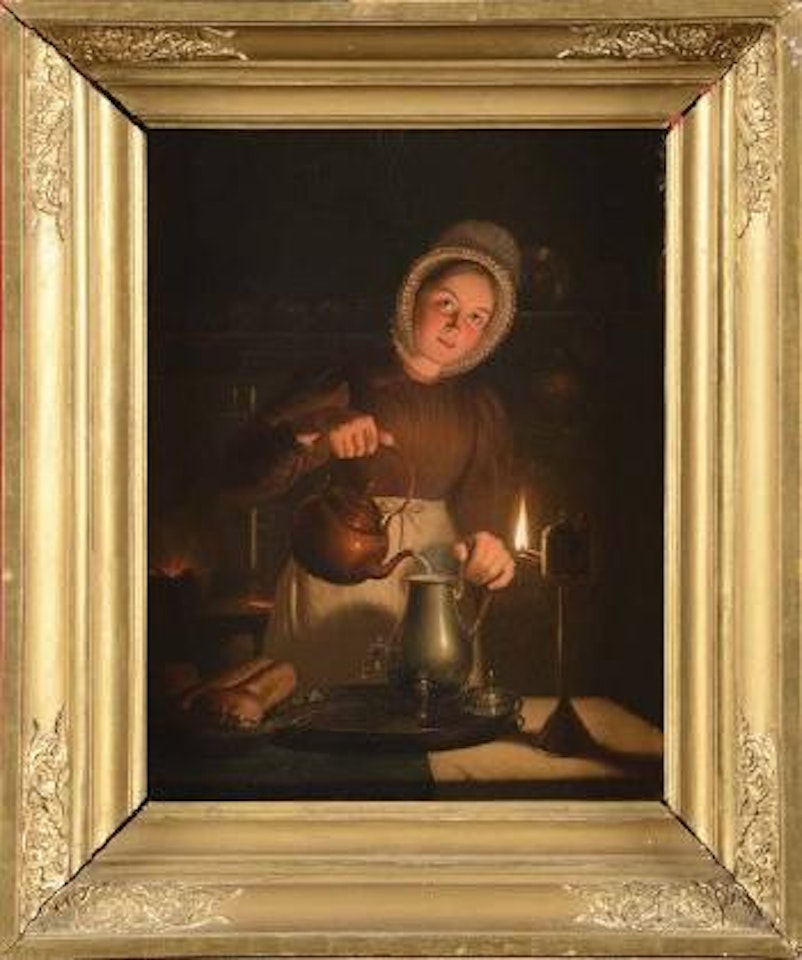 Jeune fille préparant le repas à la lueur d’une bougie by Petrus van Schendel