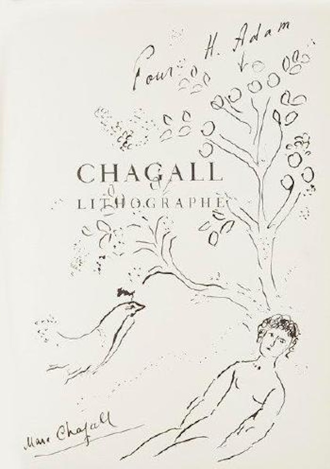 Personnage allongé sous un pommier, un coq à ses côtés by Marc Chagall