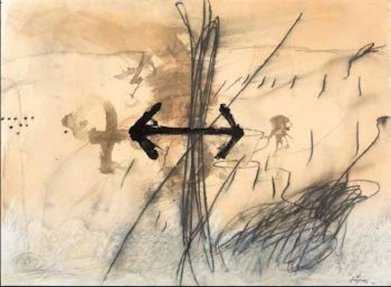 Grafismos a lápis con signo negro central by Antoni Tapies