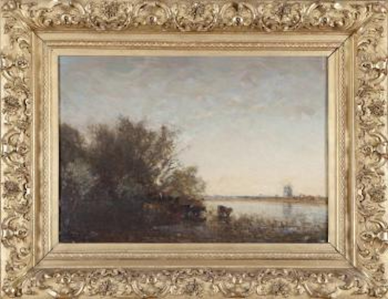 Vaches au bord de rivière, au loin un moulin by Félix Ziem