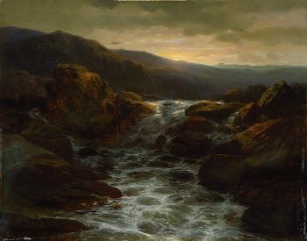 Sonnenuntergang über einem Wasserfall und Stromschnellen in felsiger Landschaft by Alexandre Calame