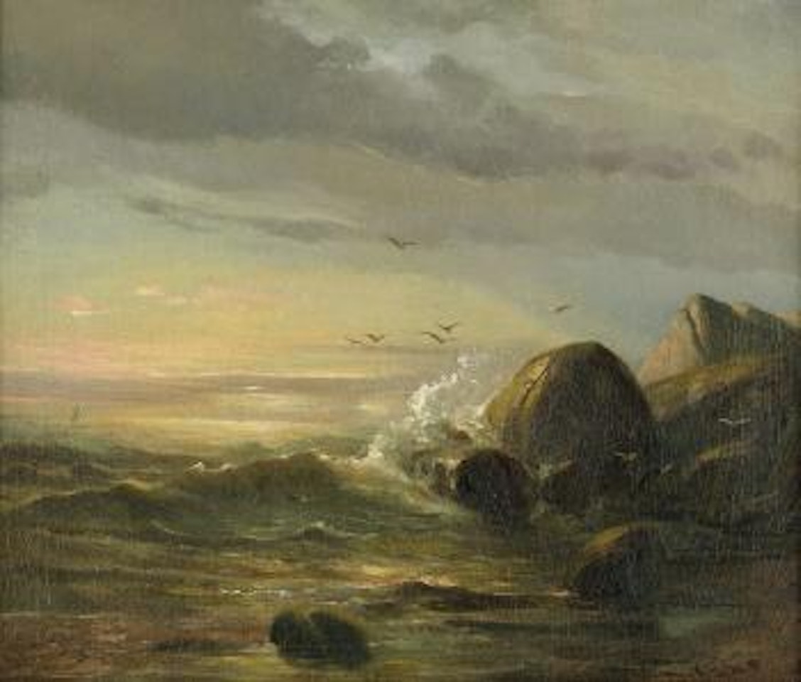 Stürmische See an einer Felsküste bei Sonnenuntergang by Johan Christian Clausen Dahl