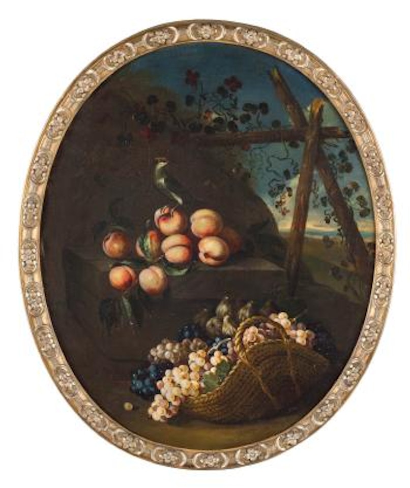 Natura morta con cesto di vimini, uva, pesche e cardellino by Marco Antonio Rizzi