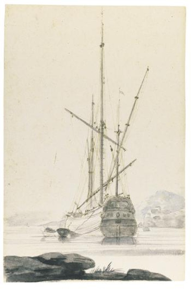 A Three-masted Ship At Anchor by Claude Joseph Vernet
