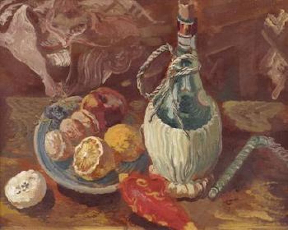 Still life with chianti bottle, fruit bowl and ocarina by George Grosz