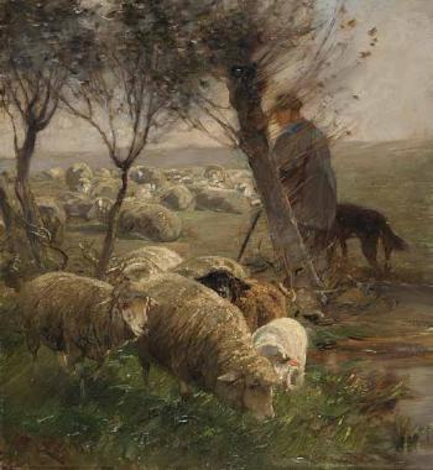 Schäfer mit Hund und Herde unter Weidenbäumen am Wasser by Heinrich von Zugel