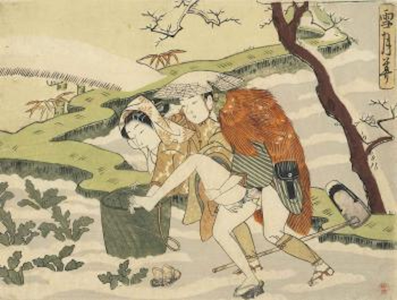 A couple making love in the snow, from the series Setsugekka [Snow, Moon and Flower] by Suzuki Harunobu