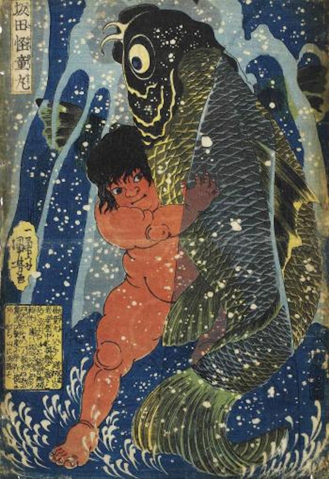 The young Kintaro fighting a giant carp under a waterfall by Utagawa Kuniyoshi
