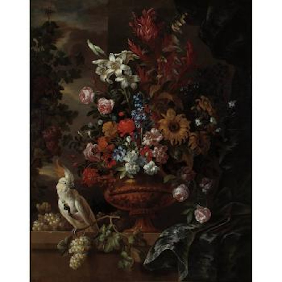 Still Life Of Flowers In a Vase On a Ledge, With a White Cockatoo by Jean Baptiste Monnoyer