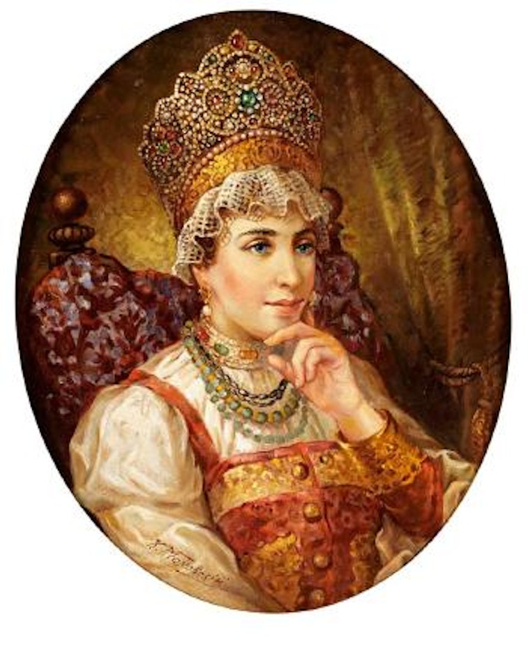 Portrait einer jungen Frau in russischer Tracht by Konstantin Makovsky