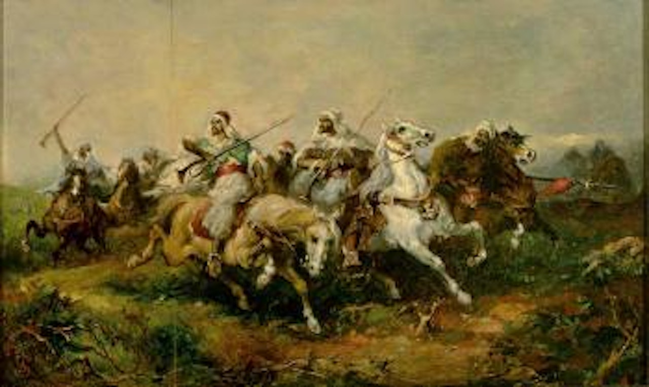 Stürmende arabische Reiter in abendlicher Landschaft by Adolf Schreyer