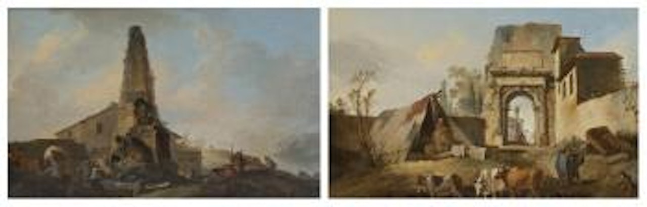 Des paysans autour d’une fontaine à obélisque by Jean Baptiste Marie Pierre