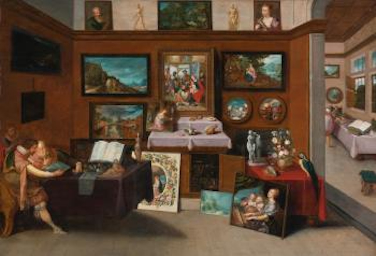 The Interior Of A Picture Gallery With Connoisseurs Admiring Paintings by Frans Francken II