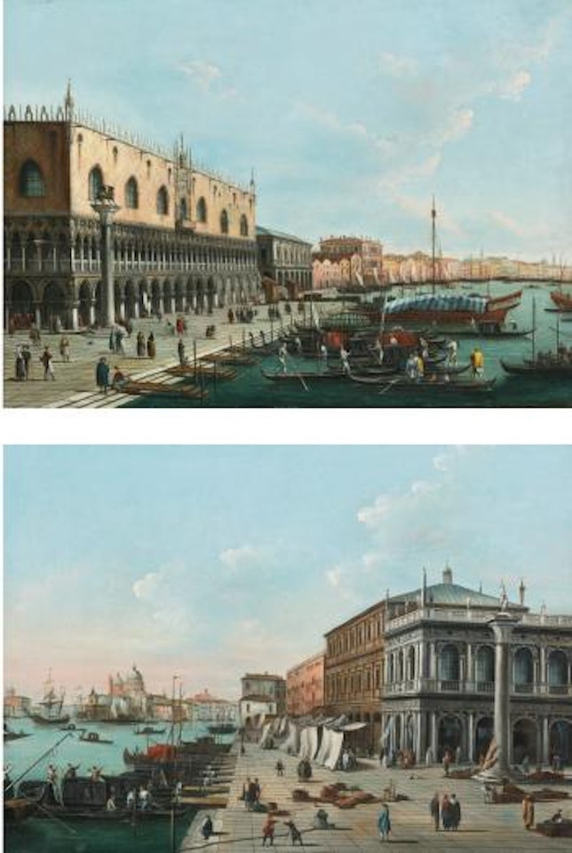 Venice, A View Of The Riva Degli Schiavoni Looking East; Venice, A View Of The Molo Looking West by Giuseppe Bernardino Bison