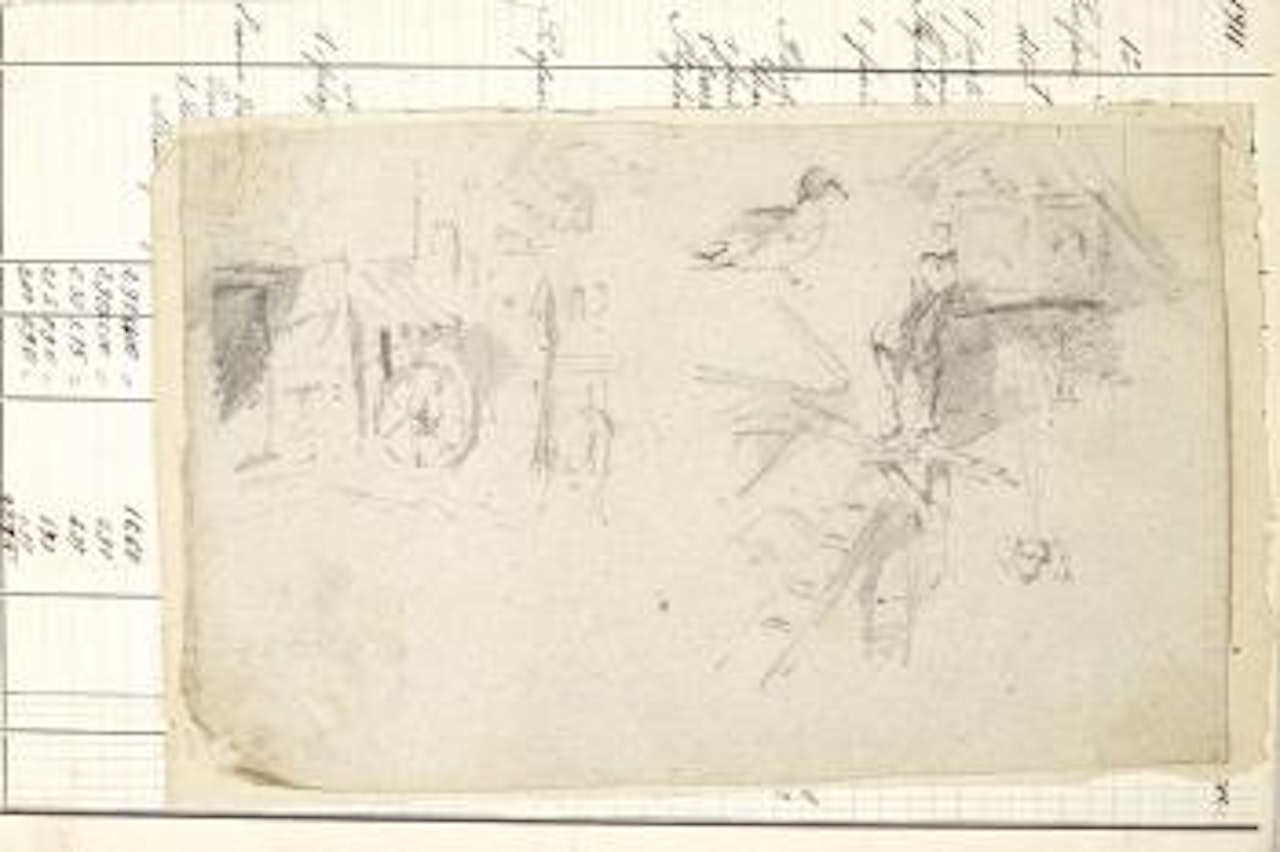 Roue de charette contre un mur. Canard et homme sur un échafaudage by Eugène Boudin