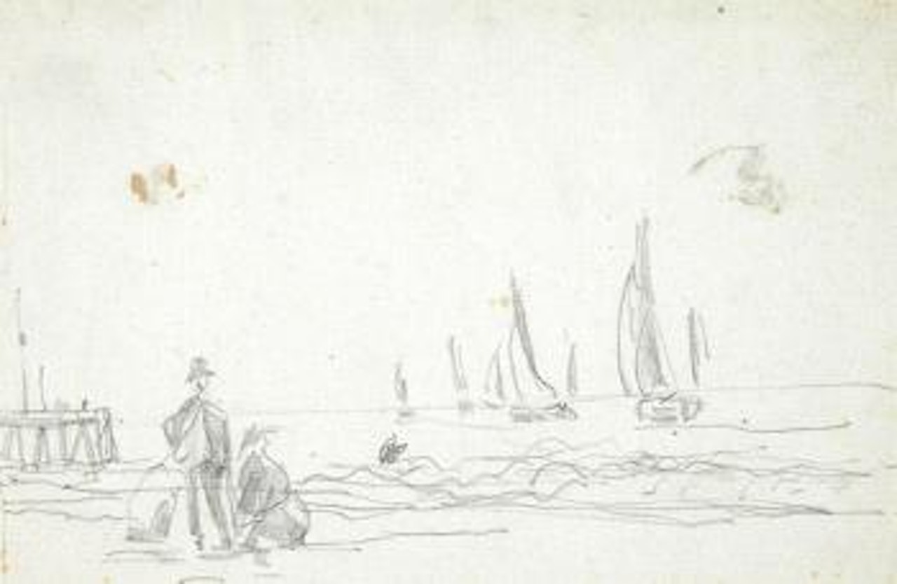 Rivage, jetée et voiliers en plaine mer by Eugène Boudin