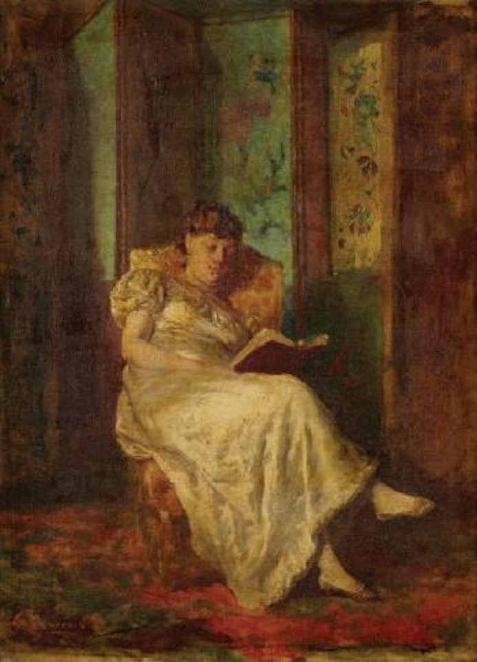 Jeune fille assise devant un paravent by Leon Comerre