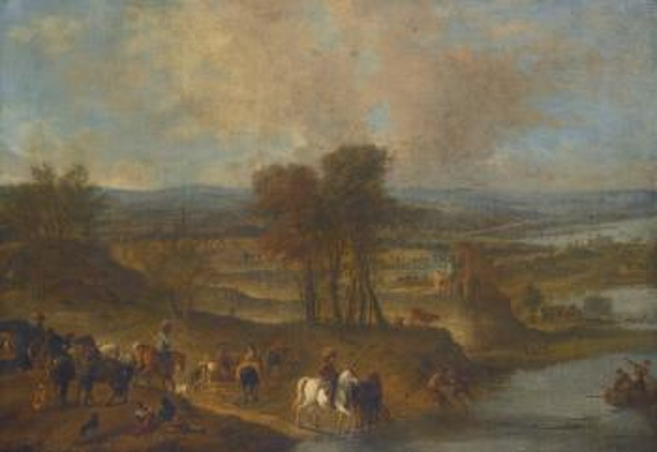 Hare Coursing In A Landscape, With A Ruined Bridge And Fortified Tower Beyond by Philips Wouwerman