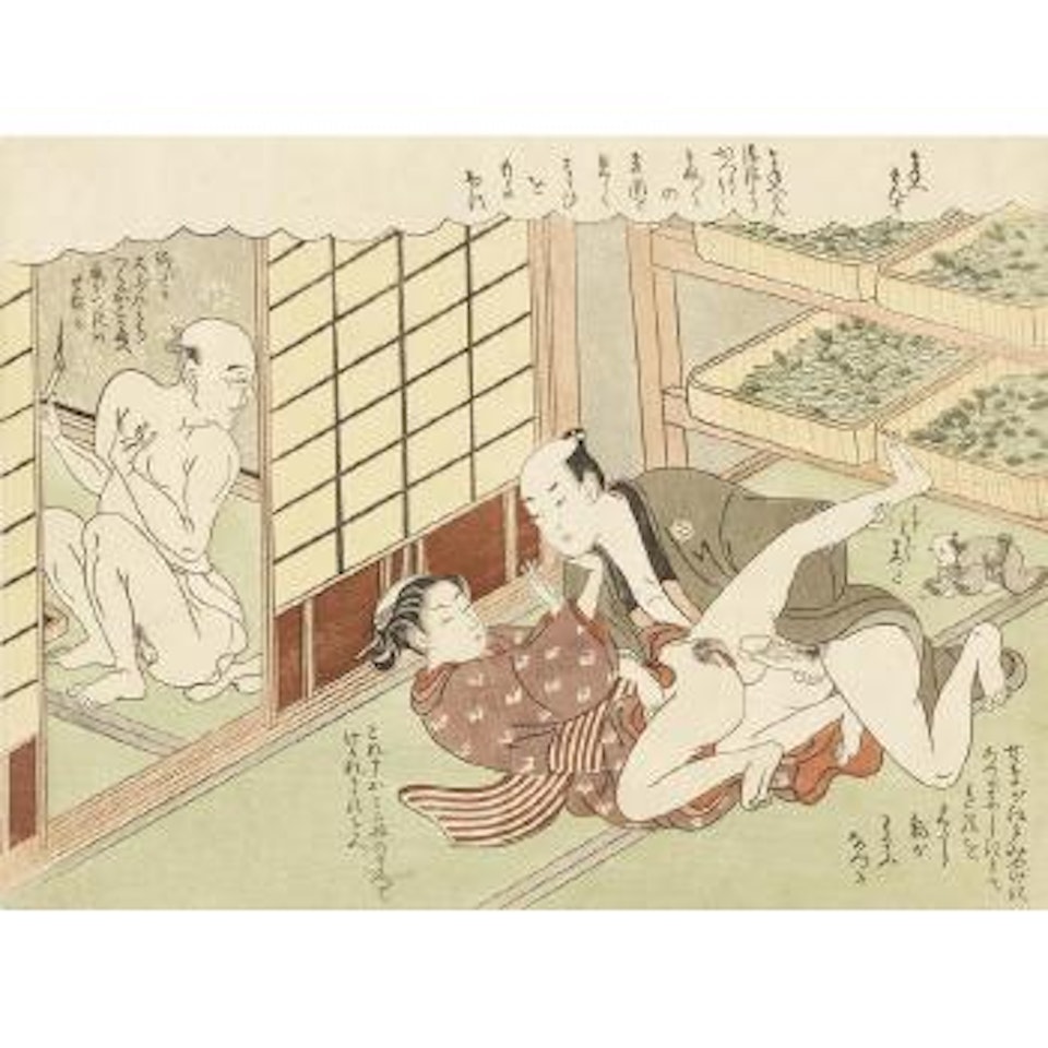 Maneemon crawling forward for a view of couple making love in the sericulture room by Suzuki Harunobu