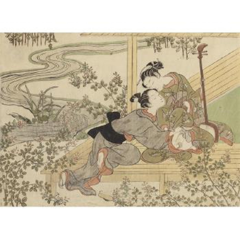Young lover surprising a girl holding a shamisen by Suzuki Harunobu