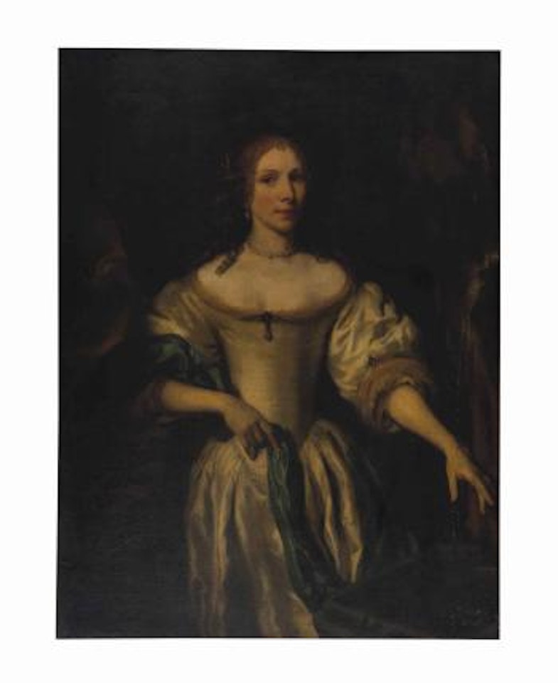 Portrait of a lady, three-quarter-length, in a white dress next to a fountain by Nicolaes Maes