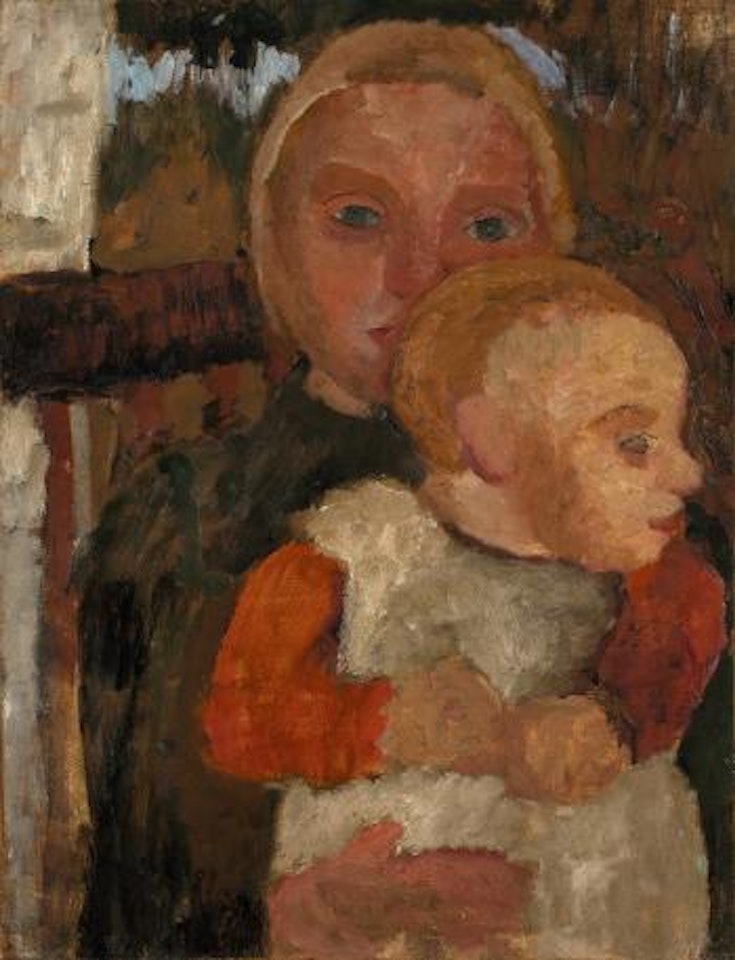 Auf Einem Stuhl Sitzendes Mädchen Mit Kind Auf Dem Schoß Vor Landschaft by Paula Modersohn-Becker