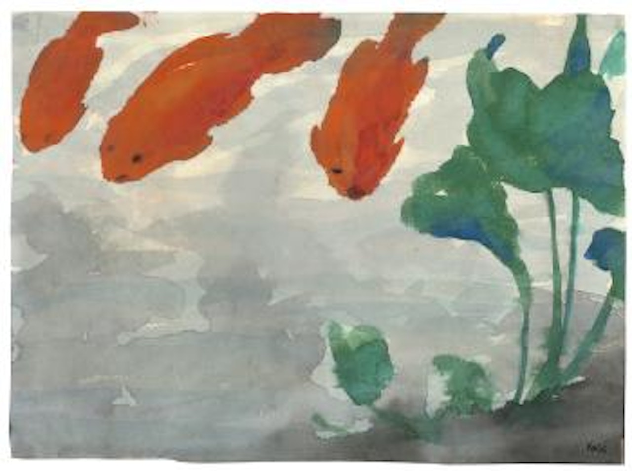 Fische Im Aquarium (drei Goldfische, Eine Grüne Wasserpflanze) by Emil Nolde