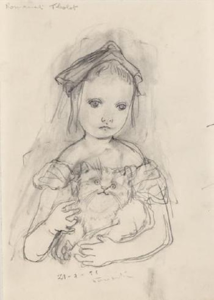 Petite fille caressant son chat by Leonard Tsuguharu Foujita