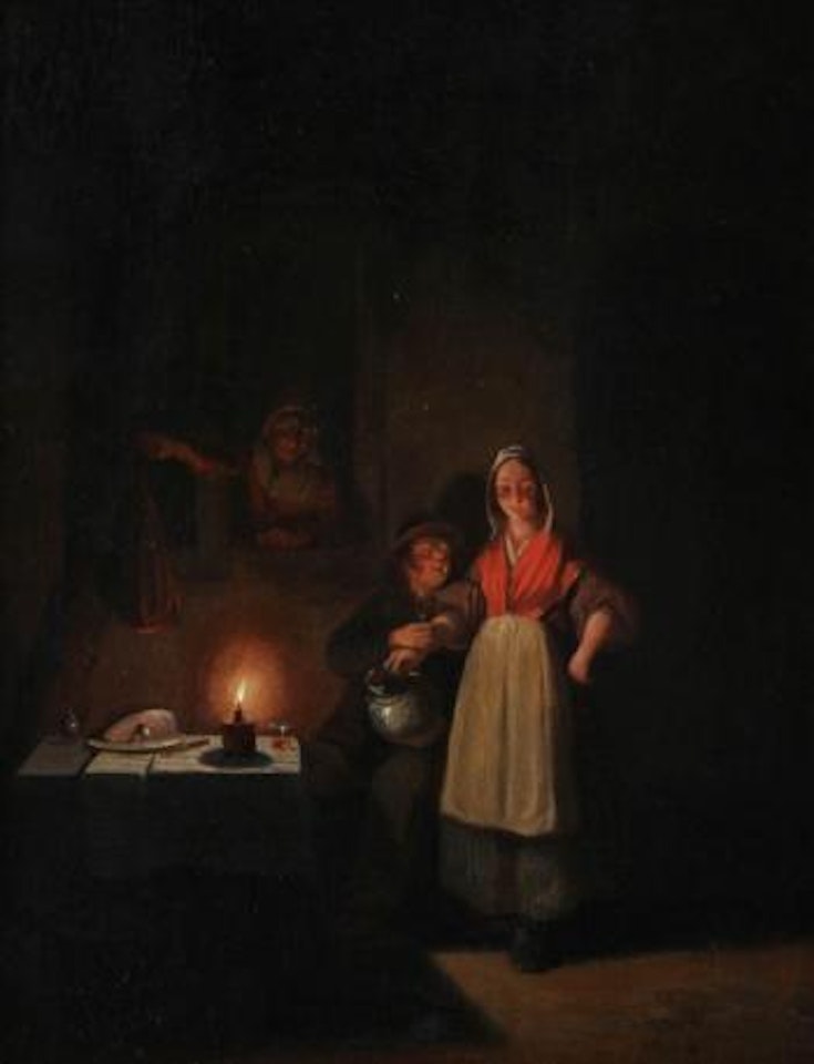 Vieil homme et servante à la lumière d'une bougie by Petrus van Schendel