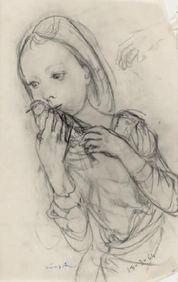 Petite fille embrassant un oiseau by Leonard Tsuguharu Foujita