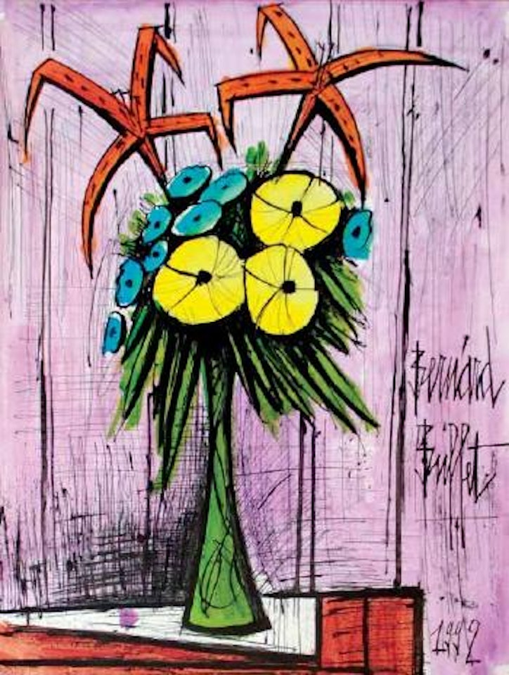 Bouquet fond mauve by Bernard Buffet