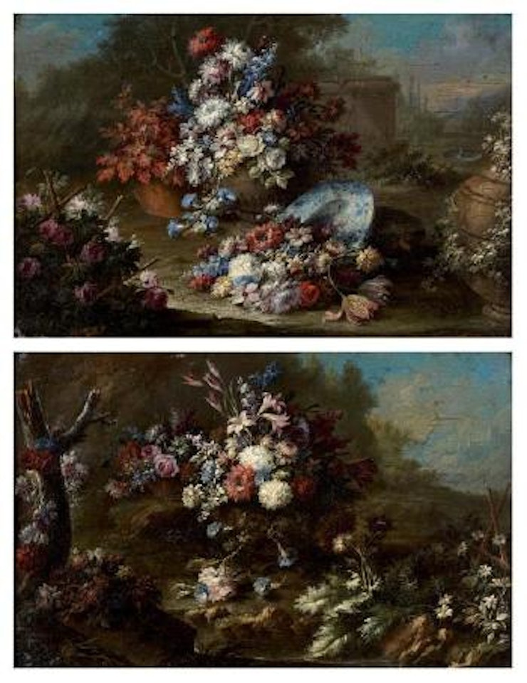 Bouquets de fleurs près d’un arbre. Bouquet de fleurs avec une assiette en porcelaine by Gasparo Lopez