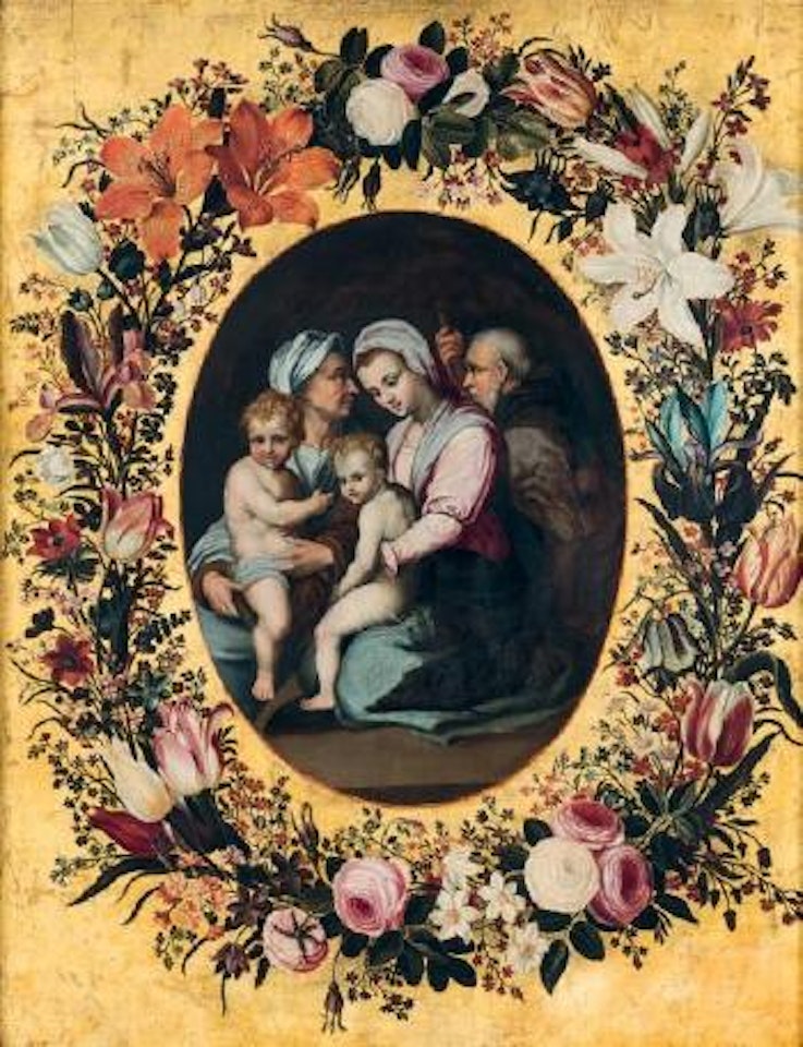 La Sainte Famille avec sainte Elisabeth et le petit saint Jean dans une guirlande de fleurs by Andrea del Sarto by Spanish School