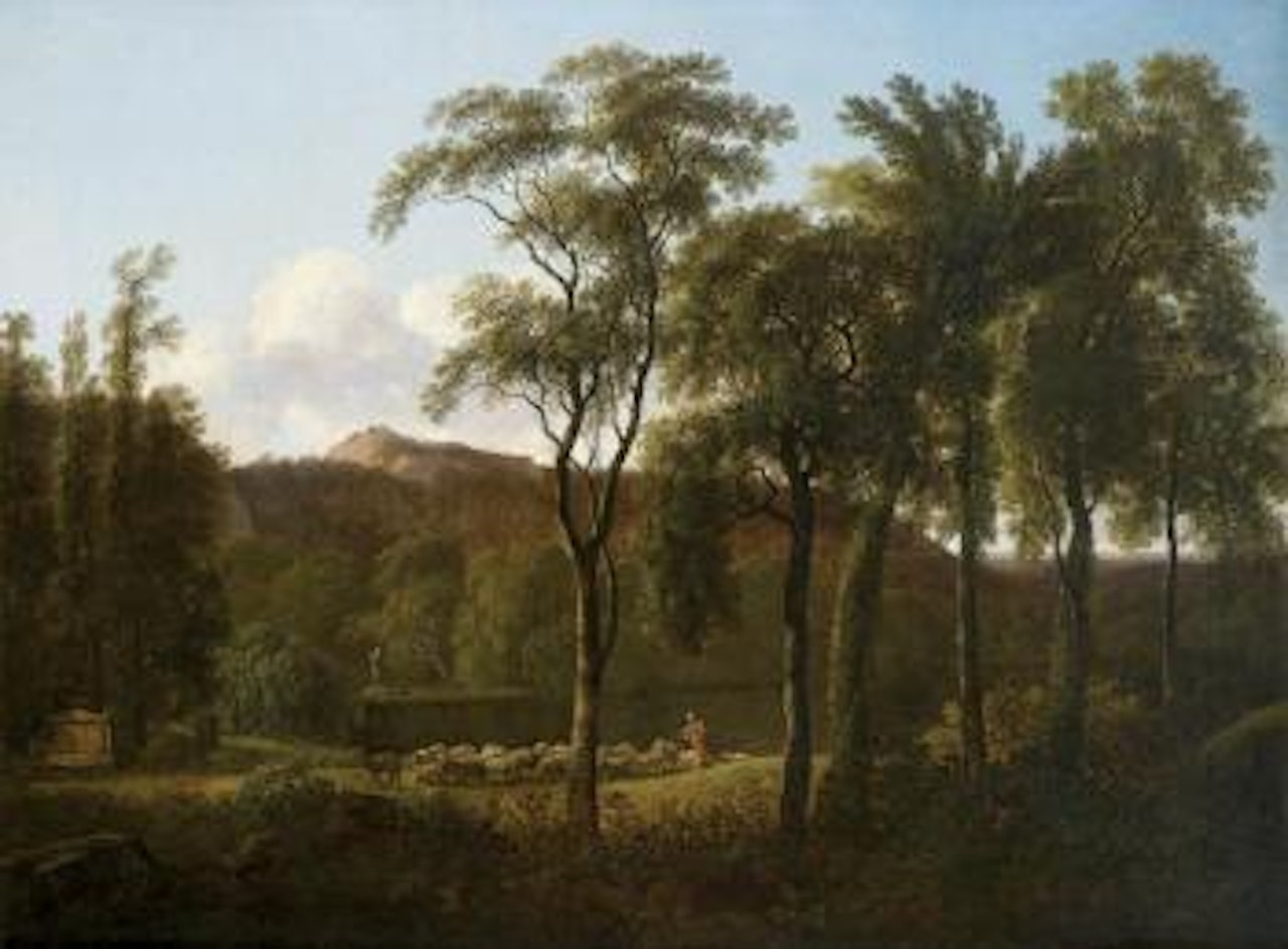 Berger conduisant son troupeau de moutons dans un paysage classique de la campagne romaine by French School