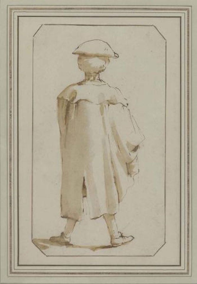 Caricature of a standing man wearing a wig, cloak and tricorn hat, seen from behind by Giovanni Battista Tiepolo