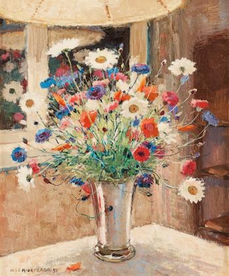 Meadow flowers in silver beaker by Olle Hjortzberg
