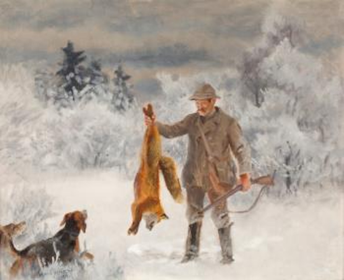 Hunter with hounds and fox by Bruno Liljefors