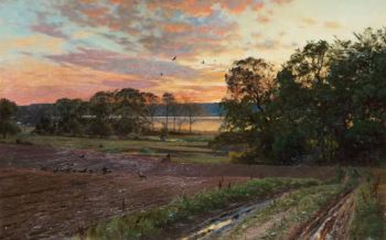Landscape with setting sun by Peder Mork Monsted