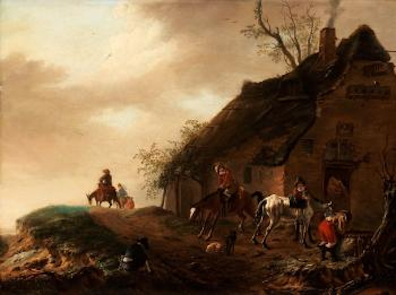Resting people and horses outside an inn by Philips Wouwerman