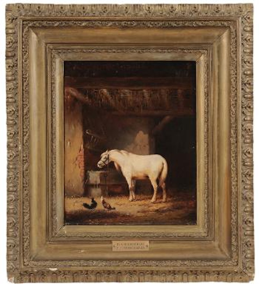 A horse and two chickens in a barn by Eugène Joseph Verboeckhoven