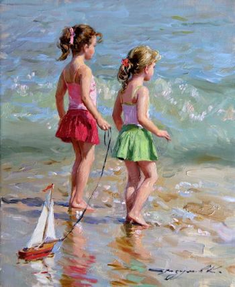 Two Little Girls with a Toy Yacht on a Beach by Constantin Razoumov