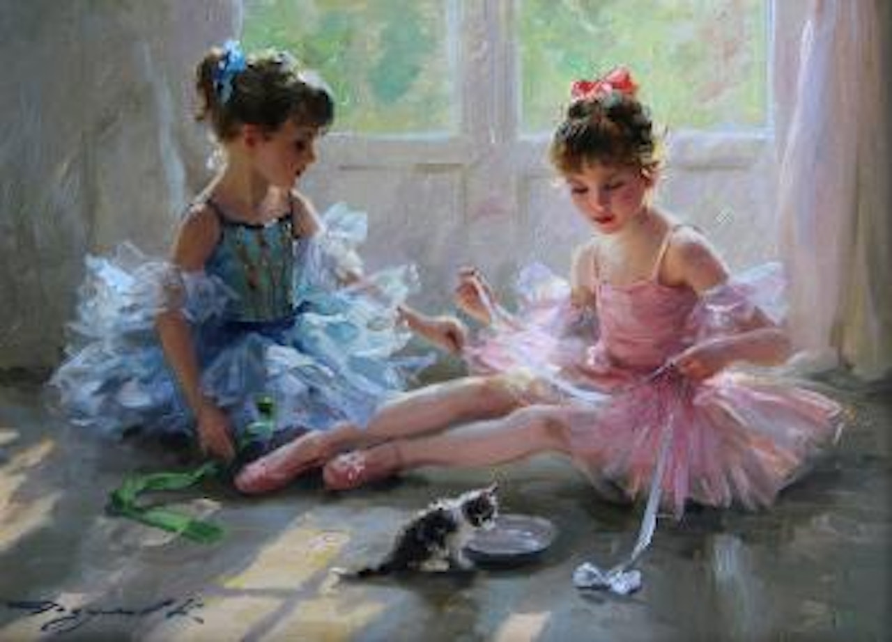 Young Ballerinas Playing with a Kitten by Constantin Razoumov