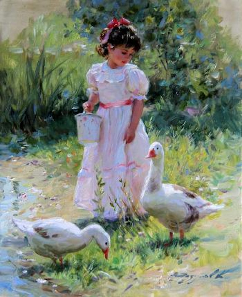Little Girl with Geese by a Pond by Constantin Razoumov