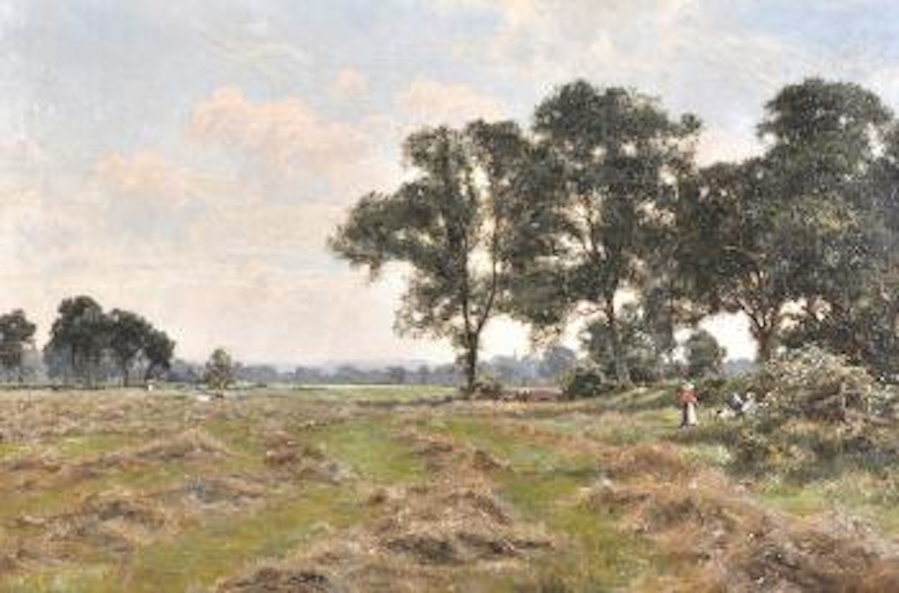 A Surrey Landscape, with figures resting during the harvest by Edward Wilkins Waite