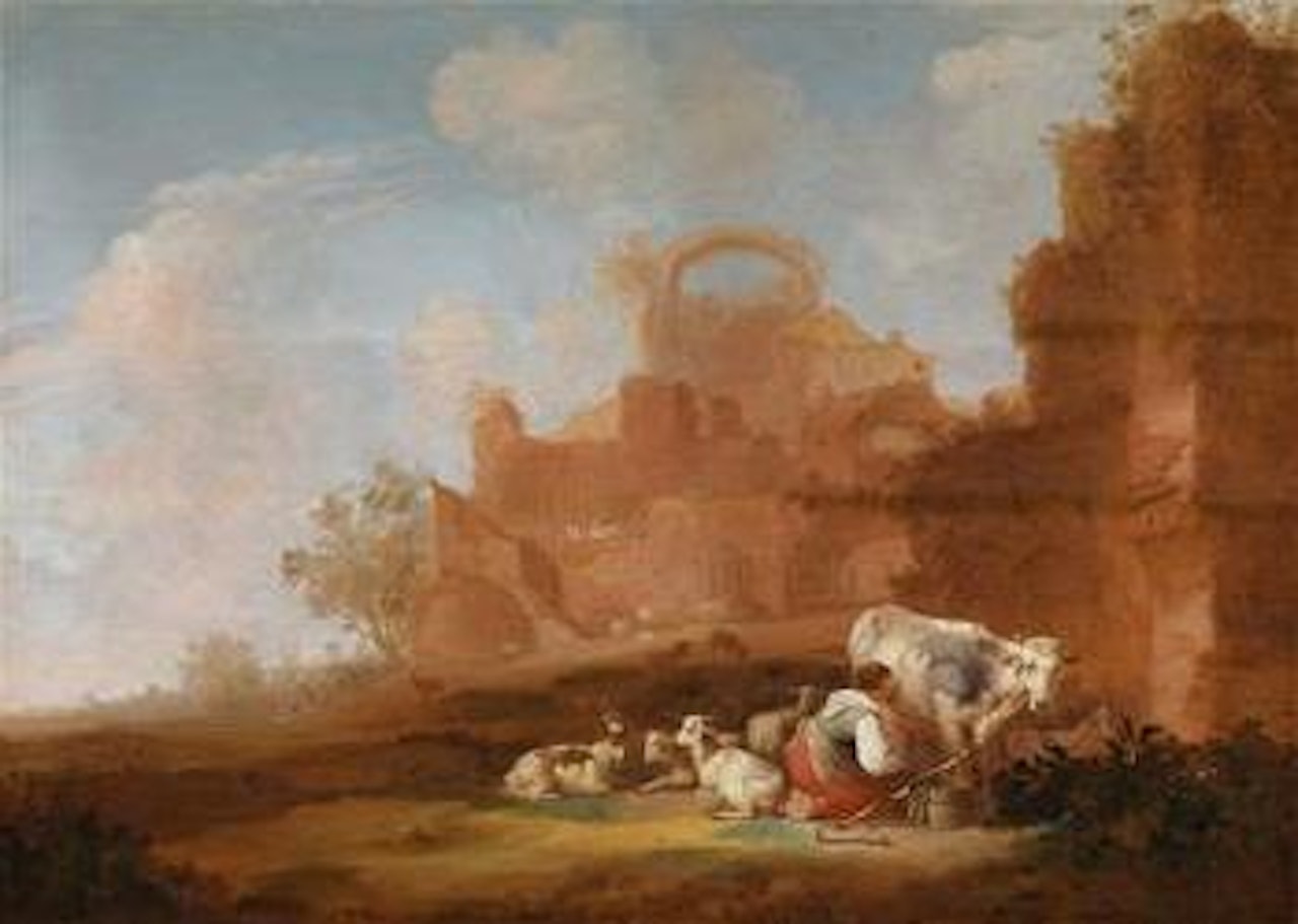 Landscape with ruins and a milking herdswoman by Nicolaes Pietersz Berchem