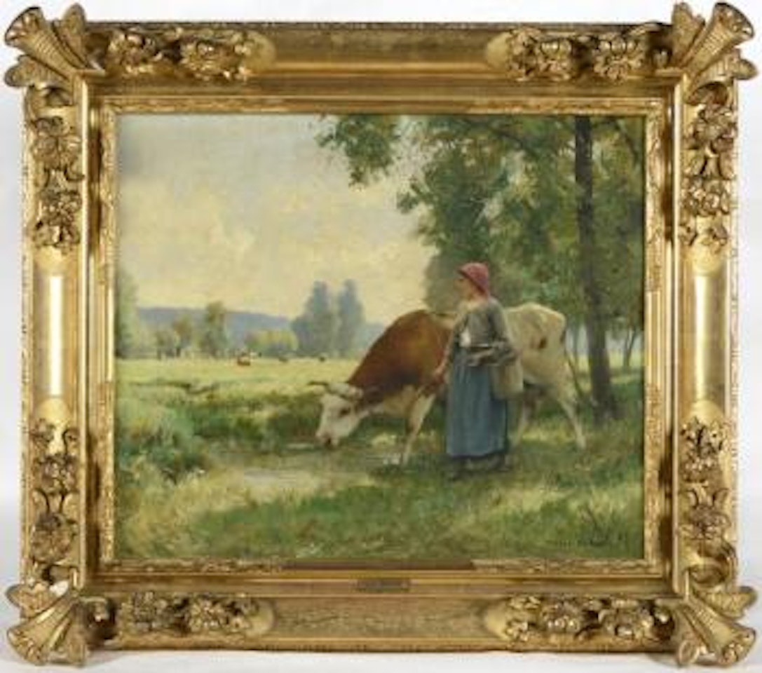 Gardienne de troupeau au bord de la mare by Julien Dupré