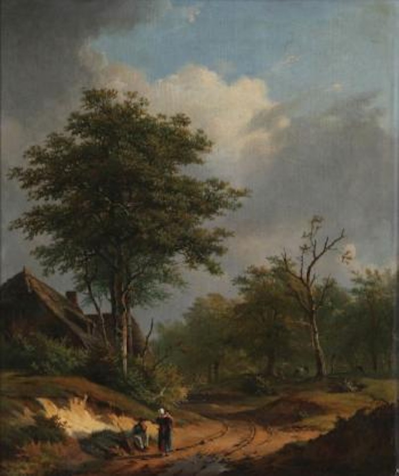 Scène champêtre avec une famille de ramasseurs de bois se reposant près d'une ferme avec berger à l'arrièreplan by Jan Baptiste de Jonghe by Eugène Joseph Verboeckhoven