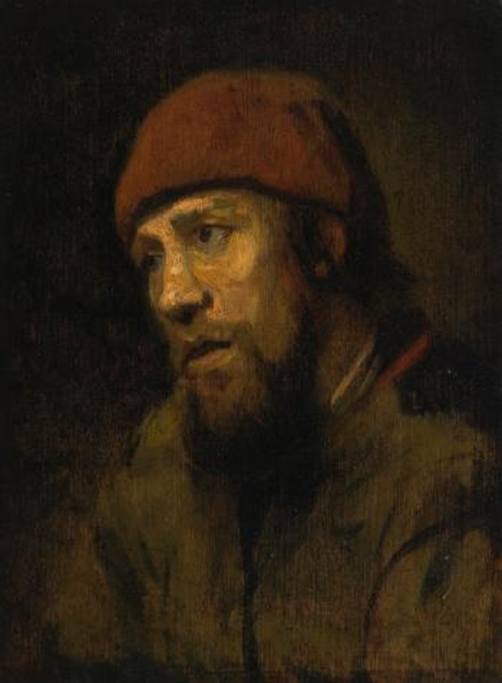 Portrait Study Of A Man With A Red Cap by Attributed to Rembrandt Harmensz van Rijn