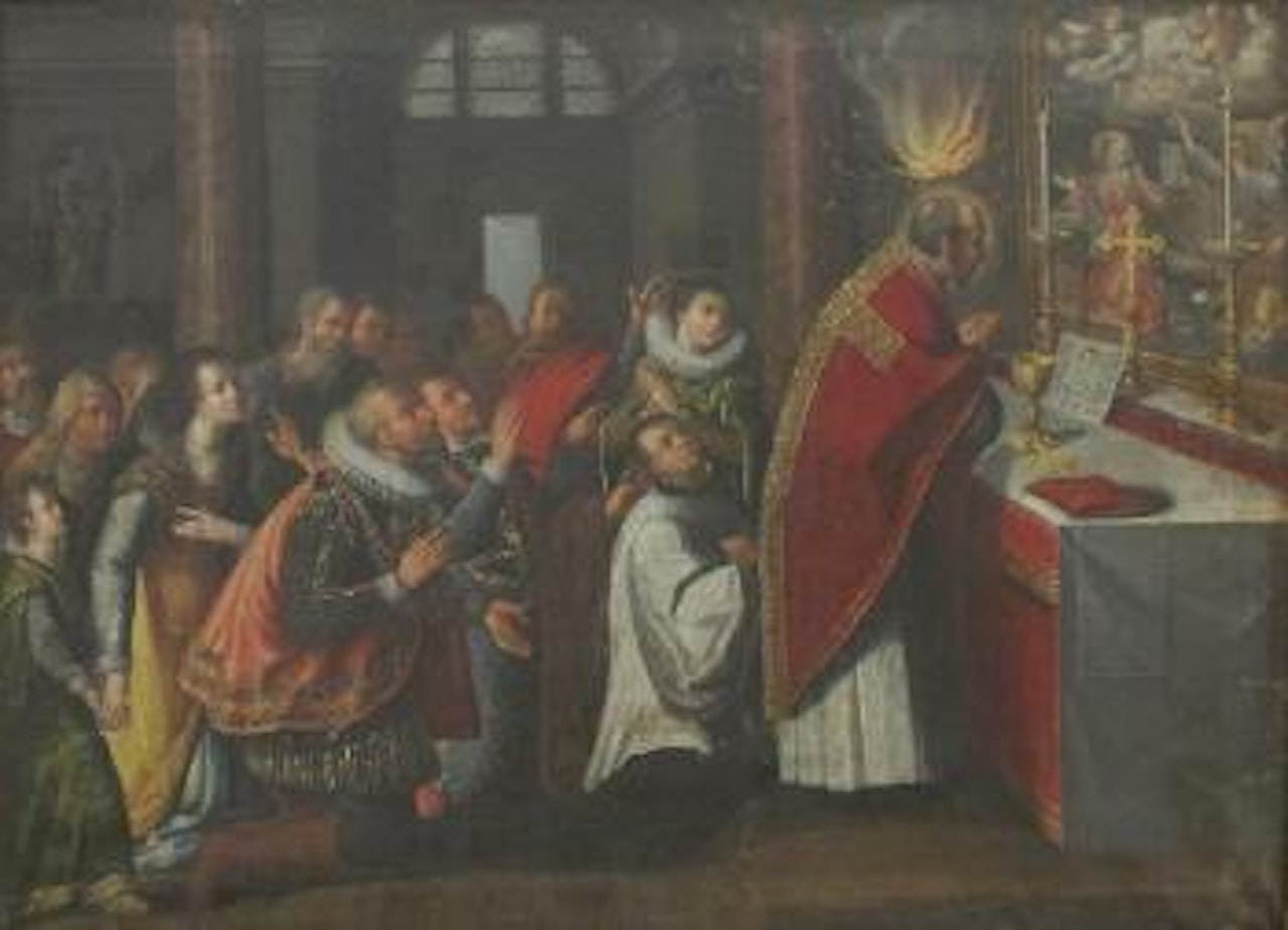 Communion de Gonzague par St Charles Borromée by Spanish School